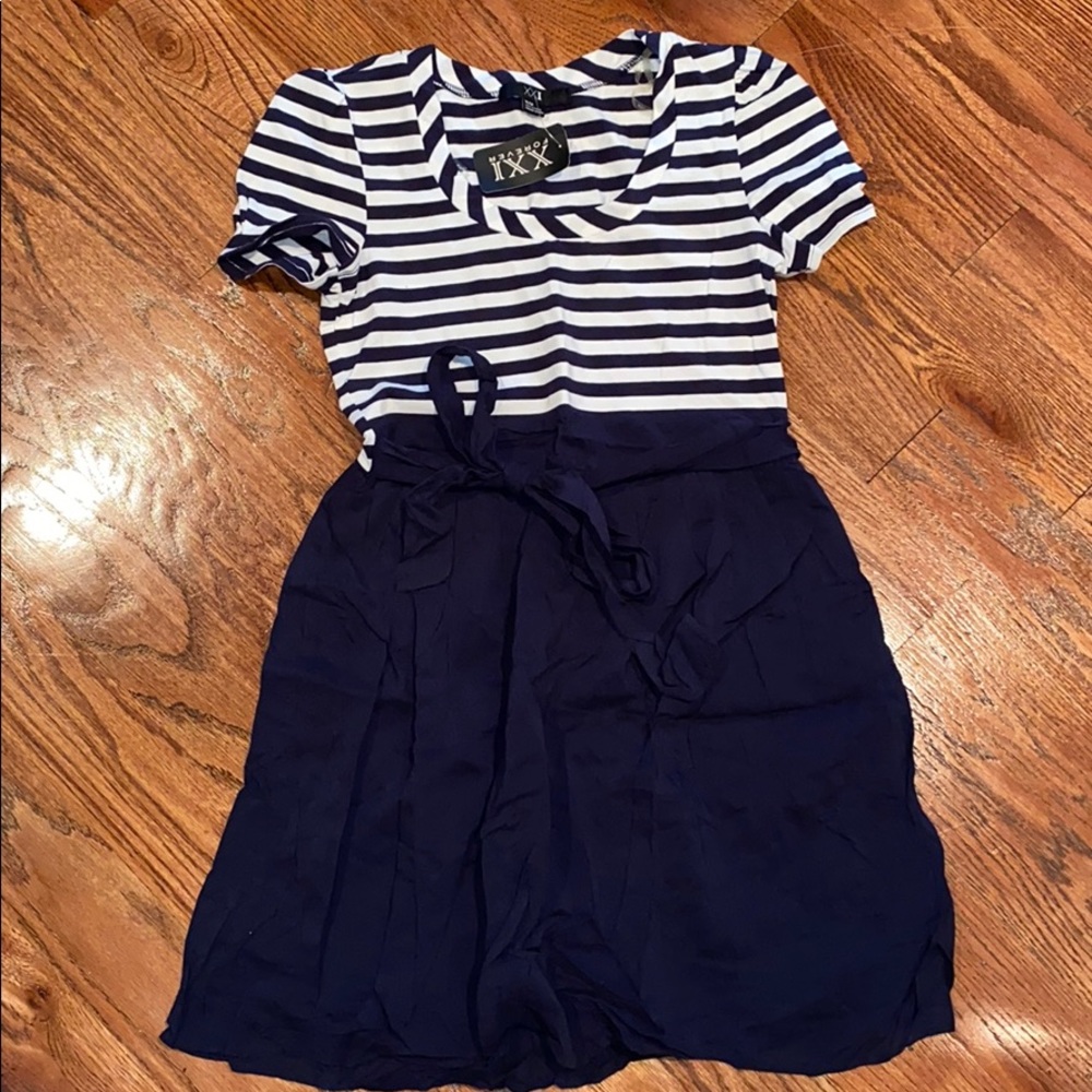 Navy/White Tie Waist Stripped A-Line Dress